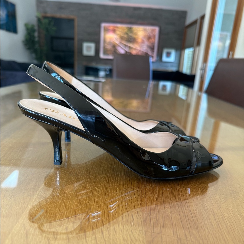 Prada~Glossy Slingback Peep-Toe Heels